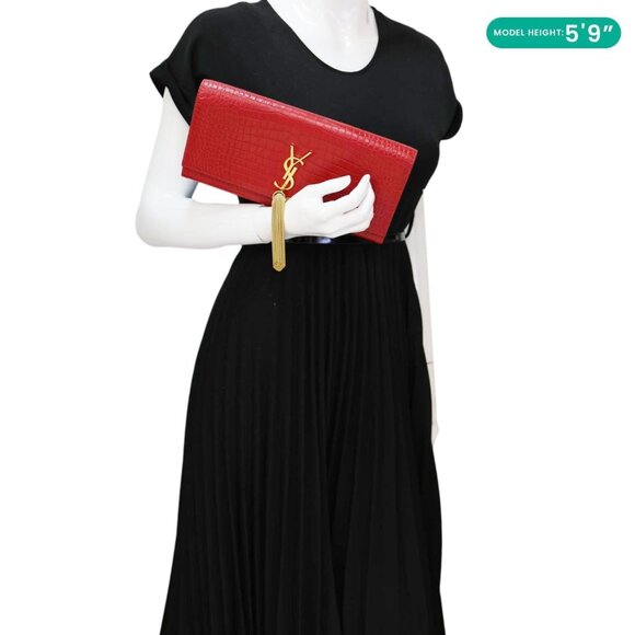 Yves Saint Laurent Kate Tassel Crocodile Embossed Leather Wallet Red - Picture 2 of 12